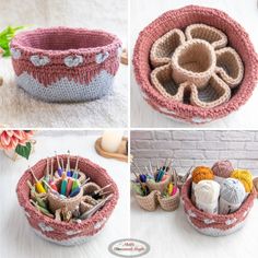 crocheted baskets with yarn and knitting needles in them