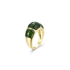 This striking contemporary ring combines the deep hues of genuine green nephrite jade with the brilliance of 18K yellow gold-plated sterling silver. Elegant Green Dome Ring With Polished Finish, Contemporary Ring, Dome Ring, Nephrite Jade, Domed Ring, Green Gemstones, 2 Carat, Types Of Rings, The Deep