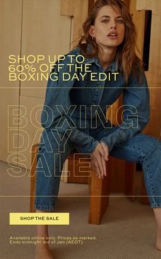 a woman sitting in a chair with her legs crossed and the words boxing bay sale written on it