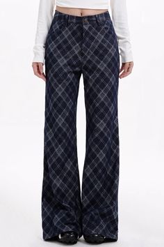 Blue Plaid Pattern Wide Leg Pants, checkered trousers, dark academia clothes, dark academia outfits