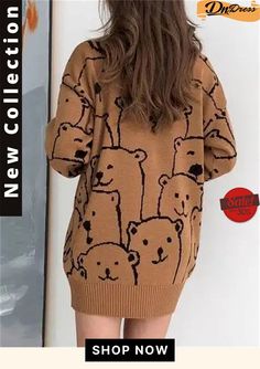 Adorable Animal Print Round Neck Loose Knit Pullover Sweeter Sweater Loose Knit, Knit Pullover, Printed Sleeves, Knitted Pullover, Sweater Sizes, Winter Fashion, Animal Print, Round Neck, Cute Animals