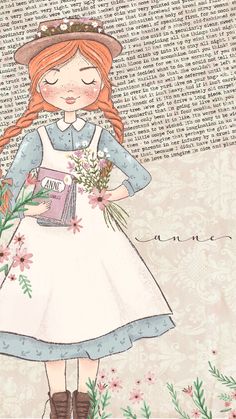 a drawing of a girl in a dress and hat with flowers on her head holding a book