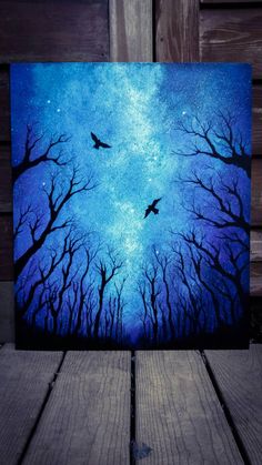 an acrylic painting of birds flying in the night sky with trees and stars