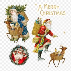 three christmas images with santa claus, deer and sleigh on transparent background png