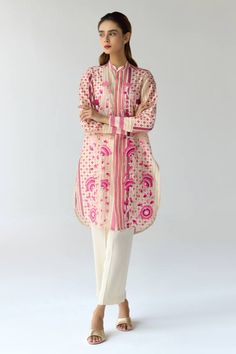 Almond pinkish white light chanderi short kurta with hand block prints and fabricated floral, sequins hand embroidery. Comes with georgette pant and scarf. - Aza Fashions White Silk Lawn Suit For Spring, Beige Kurta With Printed Motifs For Spring, Off White Kurta With Printed Motifs For Spring, Embroidered Pink Lawn Suit For Spring, Spring Off White Kurta With Printed Motifs, Pink Floral Embroidered Lawn Suit For Spring, Pink Resham Embroidery Lawn Suit For Summer, Pink Kurta With Dabka Work For Summer, Designer Pink Kurta For Spring