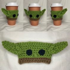 crocheted yoda coffee cup cozyies with cups in the shape of baby yoda's head