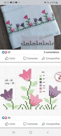 the cross stitch pattern is shown in two different colors and sizes, including one with pink flowers