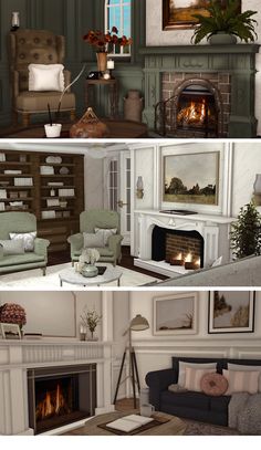 two pictures of living room with fireplaces and couches in the same photo, one is