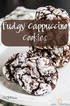 chocolate fudge cappuccino cookies on a white plate with text overlay