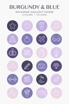 an image of a bunch of icons on a white and purple background with the words burgundy & blue instagram highlight covers