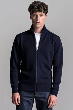 Dark Navy Merino Zip Cardigan | Ribbed Wool - ASKET Zip Up Cardigan Outfit, Cardigan Outfit Men, Half Cardigan, Zip Up Cardigan, Men's Knitwear, Cardigan Knitted, Cardigan Outfit, Merino Sweater, Zip Cardigan