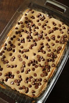 a cake with chocolate chips on top in a pan