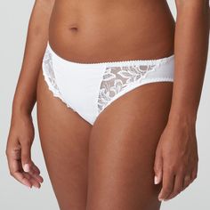 These luxurious opaque briefs feature decorative embroidery on the legs.  Clear and sparkling in fresh White. Elegant String Fitted Bottoms, Elegant White Bottoms With Lace Trim, Elegant String Bottoms For Summer, Decorative Embroidery, United States, Lingerie, White