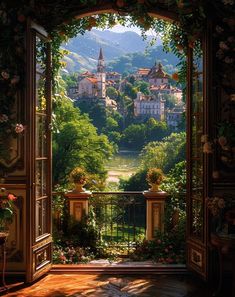 an open door leading to a scenic view of a town in the distance with trees and flowers on either side