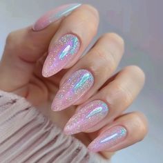 Iridescent Nail Ideas, Irradecent Nail Designs, Irredecent Nail Designs, Iridescent Nail Designs, Irridecent Design Nails, Pink Iridescent Nails, Opal Nail Designs, Almond Birthday Nails, Birthday Party Nails