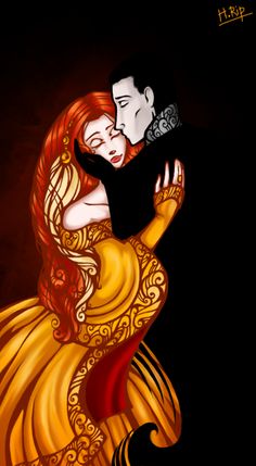 a painting of a man and woman hugging each other in the dark, with an orange background