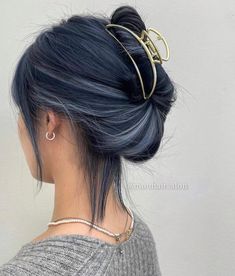 Blue Jeans Hair Color, Blue Highlighted Hair, Ash Blue Hair Color Highlights, Ash Blue Highlights, Dark Blue Grey Hair, Underdye Hair Short, Ash Blue Hair Color, Peek A Boo Blue Hair, Light Blue Highlights In Brown Hair