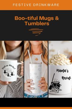 two women holding coffee mugs with the words boo - tiful mugs and tumblers