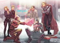 the avengers team is talking to each other in front of an iron man and captain america