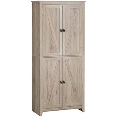 a tall wooden cabinet with two doors on one side and three drawers on the other