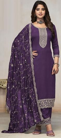 Purple and Violet color Salwar Kameez in Art Silk fabric with Embroidered, Sequence, Thread, Zari work Luxury Purple Art Silk Salwar Kameez, Dress Material Pattern, Reception Lehenga, Punjabi Dress, Purple Suits, Hairdo For Long Hair, Suit Designs, Diy Sewing Clothes, Salwar Kameez