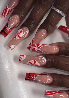 Red Black White Christmas Nails, Christmas Nails Non Traditional, Peppermint Acrylic Nails, Red Christmas Nails Long Square, Christmas Nail Long, Red Christmas Sweater Nails, Square Round Christmas Nails, Red And White Winter Nails, Christmas Nails With Cross