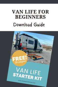 the van life for beginners ebook is shown with an image of a camper and surfboard