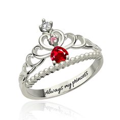 Fit for a princess,the fairytale Princess Tiara Ring.It features sparkling birthstone make it more special, this ring will make you feel like royalty.It's the perfect gift for yourself or anyone in your life who deserves to feel like a princess every day. Princess Style Cubic Zirconia Wedding Jewelry, Personalized Cubic Zirconia Rings For Birthday, Red Crown Jewelry For Wedding, Elegant Silver Rings For Birthday, Open Ring With Crown Design For Promise, Adjustable Crown Design Wedding Rings, Crown Shaped Promise Rings With Prong Setting, Crown Shaped Ring With Prong Setting For Promise, Elegant Diamond Ring For Birthday