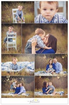 a collage of photos showing a baby and his mother sitting on a chair in the grass