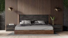 a modern bedroom with wood paneling and grey bedding