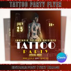 the flyer for tattoo party with an image of a tattooed woman