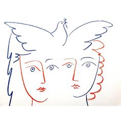 a drawing of two people with one bird on their head