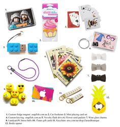 an assortment of items that include rubber toys, cards, and magnets are shown