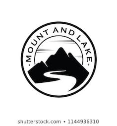 the mountain and lake logo is shown in black on a white background with an oval shape