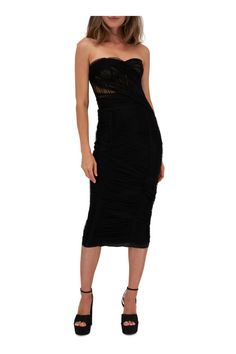 Women’s Designer Dresses | Mitchell Stores Fitted Knee-length Strapless Dress With Lining, Fitted Knee-length Strapless Dress For Gala, Ruched Stretch Dresses For Gala, Fitted Midi Corset Dress With Pleated Bodice, Ruched Sheath Midi Dress For Gala, Stretch Cocktail Dress With Ruched Bodice, Gala Sheath Midi Dress With Ruched Detail, Fitted Knee-length Strapless Dress For Evening, Fitted Midi Corset Dress With Lined Bodice