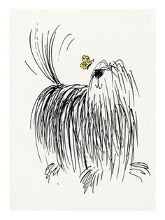 a black and white drawing of a dog with a butterfly on it's head