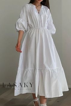 Lasaky - Sophisticated A-Line Skirt Dress with V-Neck, Tie-Waist, and Five-Quarter Sleeves in Solid Color Midi Dress Style, Lantern Sleeve Dress, V Neck Midi Dress, Midi Dress Party, Midi Dress Summer, White Dress Summer, Mid Dresses, Mid Length Dresses, Loose Dress