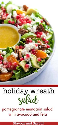 a holiday wreath salad with pomegranate, mandarin salad and feta cheese