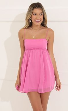 Juno Chiffon Baby Doll Dress in Pink | LUCY IN THE SKY Baby Doll Hoco Dress, Pink Outfits Summer, Homecoming Dresses Flowy, Evening Gowns Pink, Pink Baby Doll Dress, Recruitment Dresses, Homecoming Inspo, Chiffon Babydoll Dress, Mitzvah Dresses