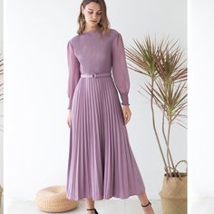 Chicwish Full Pleated Belted Maxi Dress In Lilac Size S-M Brand New Never Worn Lilac Long Dress With Sleeves, Lilac Long Dress, Long Dress With Sleeves, Chicwish Dress, Belted Maxi Dress, Vintage Long Dress, Dress With Sleeves, Silver Fabric, Party Dress Long Sleeve