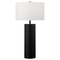 a black table lamp with a white shade on the base and a light in the middle