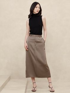 Satin Column Maxi Skirt | Banana Republic Factory Versatile Skirt With Side Pockets For Work, Versatile Workwear Skirt With Side Pockets, Satin Bottoms With Pockets For Work, Elegant Workwear Skirt With Side Pockets, Elegant Skirt With Side Pockets, Fall Fitted Skirt With Side Pockets, Fitted Fall Skirt With Side Pockets, Spring Fitted Skirt With Straight Hem, Fitted Skirt With Straight Hem For Spring