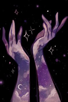 two hands reaching up into the sky with stars