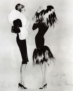 two women dressed in black and white standing next to each other, one wearing a fur coat