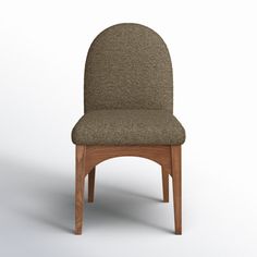 an upholstered chair with a wooden frame and fabric seat padding, viewed from the side