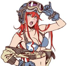 an anime character with red hair and goggles