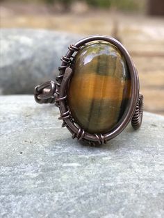 Blue and Yellow Tiger Eye RIng in Copper - Adjustable Handmade Adjustable Oval Crystal Ring, Unique Adjustable Oval Crystal Ring, Adjustable Brown Ring Jewelry, Adjustable Oval Rings In Brown, Adjustable Oval Brown Rings, Tiger Ring, Tiger Eye Ring, Eye Ring, Blue And Yellow