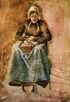 an old woman sitting on top of a stool