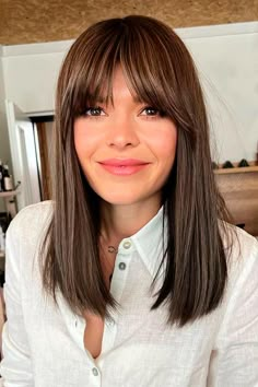 Fringe For Thick Hair, Long Bob Hairstyles Fringe, Mid Length Hair With Fringe Bangs, A Line Bangs, French Fringe Bangs Long Hair, Mid Length Hair With Bangs Straight, Thick Bangs With Medium Hair, Hair Cuts Fringe, Medium Length Hairstyles For Fine Hair