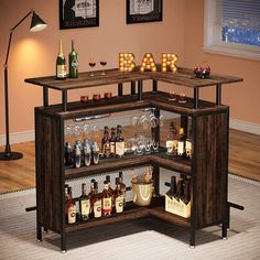 a bar with liquor bottles and glasses on it